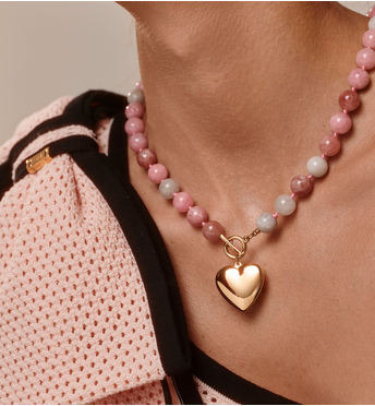 Naszyjnik z różowych i szarych kamieni z sercem NPA1518