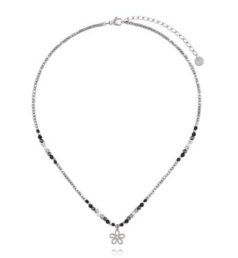 Naszyjnik z hematytu, czarnego turmalinu i pereł z zawieszką kwiatka NTW1618