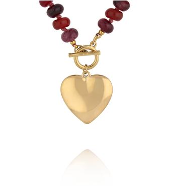 Naszyjnik z czerwonych i bordowych  kamieni i złotym sercem NPA1512