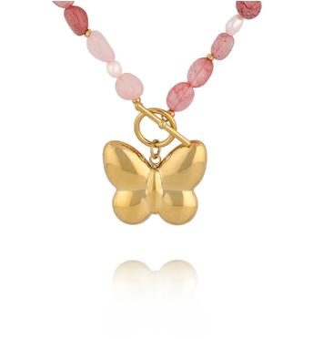 Naszyjnik z różowymi kamieniami i złotym motylem NSC0644