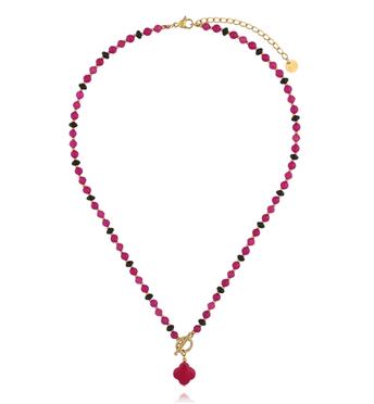 Naszyjnik w odcieniu fuksji i czarnego agatu z zawieszką koniczynki NPA1615