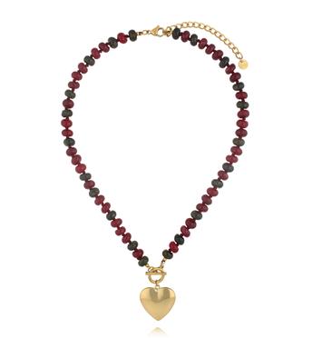 Naszyjnik z czerwonych i grafitowych kamieni z pozłacanym sercem NPA1513