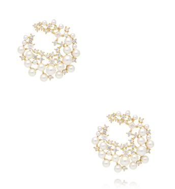 Kolczyki złote z perłami i cyrkoniami w kształcie księżyca KSS2170