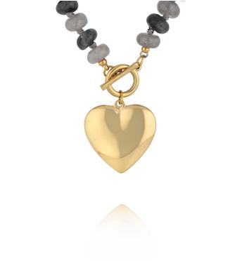 Naszyjnik z szarych jadeitów i złotym sercem NPA1508
