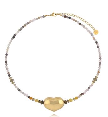 Naszyjnik z labradorytu, żółtego opalu i szarego jadeitu z pozłacanym sercem NPA1548