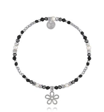 Bransoletka z hematytu, czarnego turmalinu i pereł z zawieszką kwiatka BTW3679