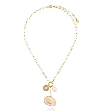 Naszyjnik z naturalną muszlą, perełką i złotą zawieszką na łańcuszku NSY0750