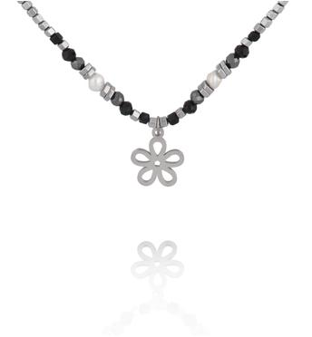 Naszyjnik z hematytu, czarnego turmalinu i pereł z zawieszką kwiatka NTW1618