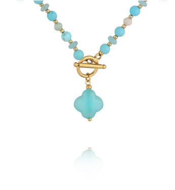 Naszyjnik z amazonitu i niebieskiego jadeitu z zawieszką koniczynki NPA1617