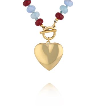 Naszyjnik z bordowych i błękitnych kamieni z pozłacanym sercem NPA1517