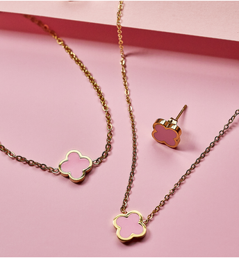 Kolczyki koniczynki z różową emalią Heureux KSA1483