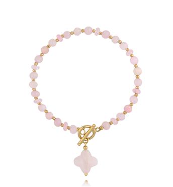 Bransoletka z kwarcami różowymi z koniczynką i złotym zapięciem BPA0635