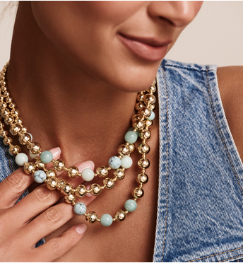Naszyjnik trzyrzędowy w złocie z turkusowymi jasnymi kamieniami NSC0678