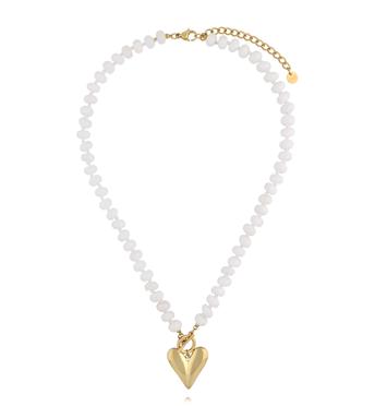 Naszyjnik z białego jadeitu z pozłacanym sercem NPA1596