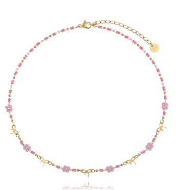 Naszyjnik z różowych koralików z kwiatkami NSY0826