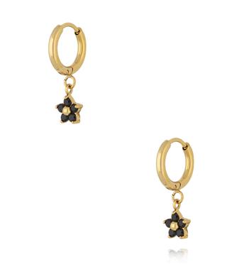 Kolczyki kółka ze złotą zawieszką w kształcie kwiatka z czarnymi cyrkoniami KSA2483