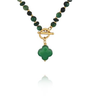 Naszyjnik z zielonym tygrysim okiem i jadeitami z koniczynką NPA1620