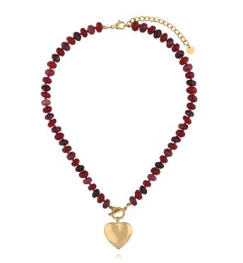 Naszyjnik z czerwonych i bordowych  kamieni i złotym sercem NPA1512