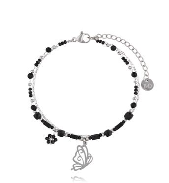Bransoletka z czarnymi kamieniami i zawieszką motyla BSY0582