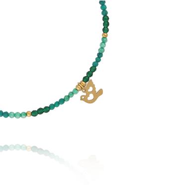 Bransoletka z zielonych cyrkonów i szklanych koralików z zawieszką ptaszka BTW3691