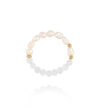 Pierścionek elastyczny z perełek hodowlanych i mlecznych kamieni PPE0119