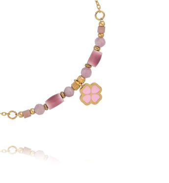 Bransoletka na złotym łańcuszku z różowym turmalinem, ceramiką i zawieszką koniczynki BPA0599