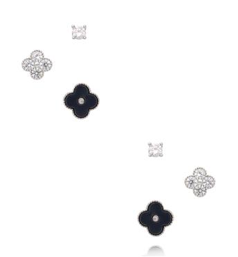 Zestaw kolczyków w srebrnym odcieniu z koniczynką, czernią i cyrkoniami KMB0005