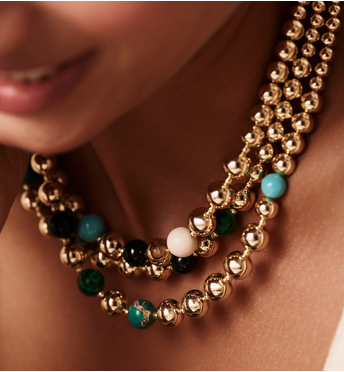 Naszyjnik trzyrzędowy w złocie z turkusowymi i zielonymi kamieniami NSC0676