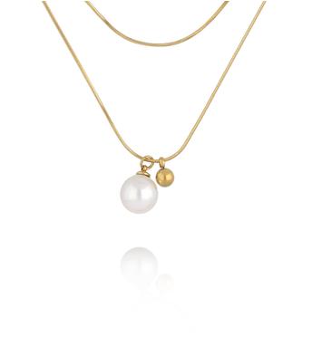 Naszyjnik podwójny ze stali szlachetnej złoconej z perłą NSY0699