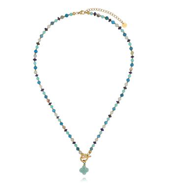 Naszyjnik z amazonitu, lapisu i apatytu z zawieszką koniczynki NSC0658