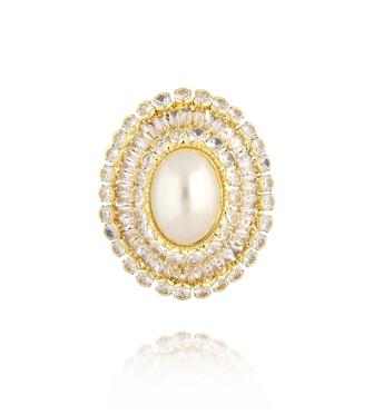 Pierścionek złoty z cyrkoniami i perłą  PSS0173