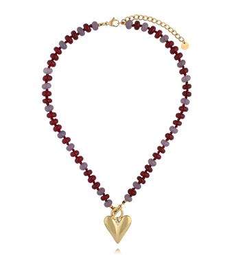 Naszyjnik z jadeitu w odcieniach bordo i lawendy z pozłacanym sercem NPA1589