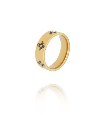 Pierścionek szeroki złoty z motywem koniczynki i cyrkoniami PSY0134