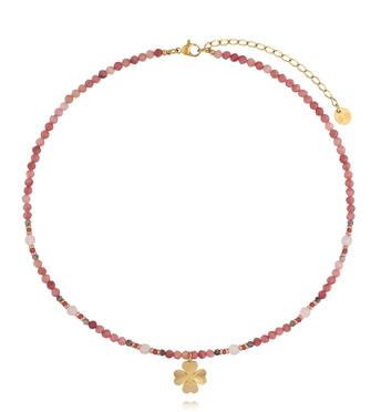 Naszyjnik z rodonitu, kwarcu różowego i labradorytu z zawieszką koniczynką NTW1613