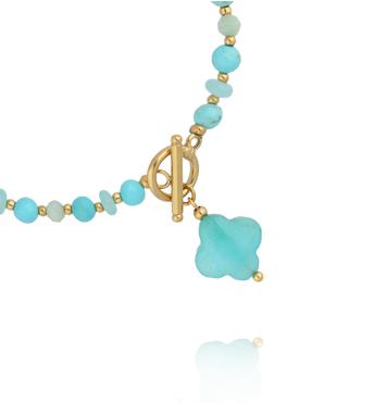 Bransoletka z amazonitami z koniczynką i złotym zapięciem BPA0643