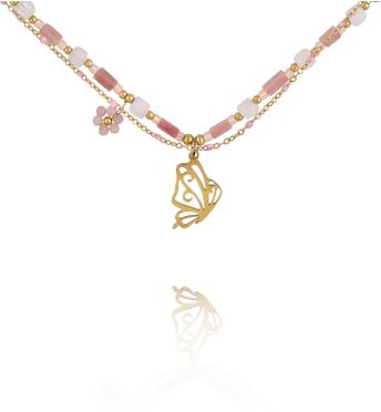 Naszyjnik z kamieniami w odcieniach różu z zawieszką motyla NSY0827