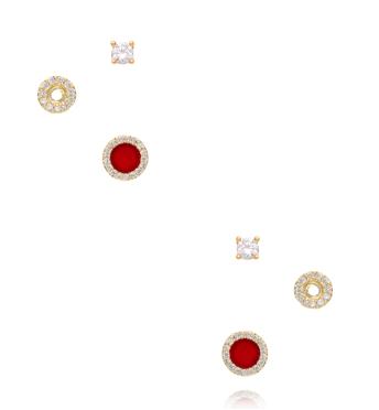 Zestaw złoconych kolczyków z cyrkoniami i czerwonym akcentem KMB0033