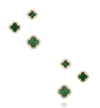 Zestaw złoconych kolczyków z zielonym kamieniem i cyrkoniami KMB0034