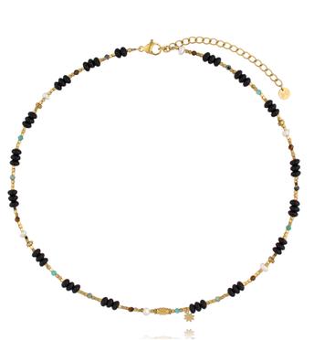 Naszyjnik z czarnego agatu, muszli i afrykańskiego turkusu NEA0078