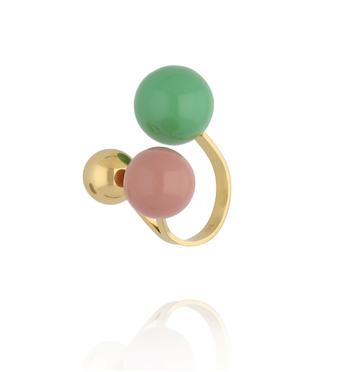 Pierścionek z kulami w odcieniach zieleni, pudrowego różu i złota PSA1119