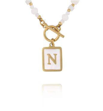 Naszyjnik z kamieni księżycowych i jadeitów z zawieszką z literą N NTW1606