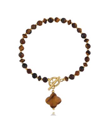 Bransoletka tygrysie oko z koniczynką i złotym zapięciem BPA0652