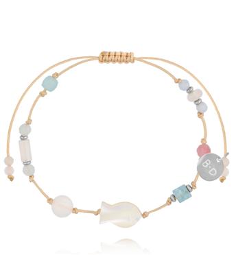 Bransoletka na beżowym sznurku z rybką, turmalinem różowym i akwamarynem BMT0354