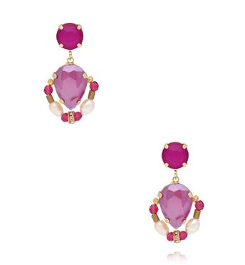 Kolczyki fuksjowe z perełkami i kryształami KGA0052