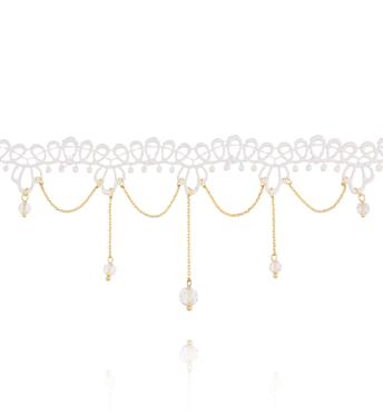 Choker z białej koronki z delikatnymi łańcuszkami i kryształkami NLU0045