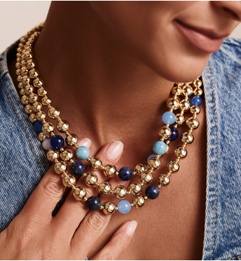 Naszyjnik trzyrzędowy w złocie z niebieskimi i granatowymi kamieniami NSC0679