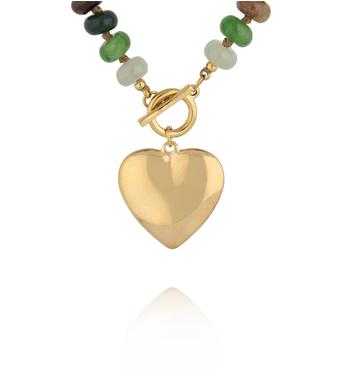 Naszyjnik z kamieni w odcieniach zieleni i brązu ze złotym sercem NPA1515