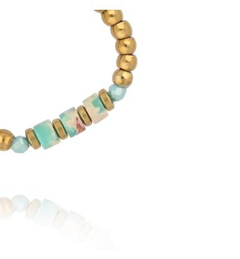 Pierścionek elastyczny ze złotych kuleczek z amazonitami PTW0624
