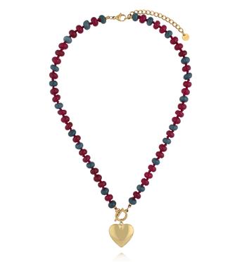 Naszyjnik z jadeitu w odcieniach burgundu i granatu z pozłacanym sercem NPA1588