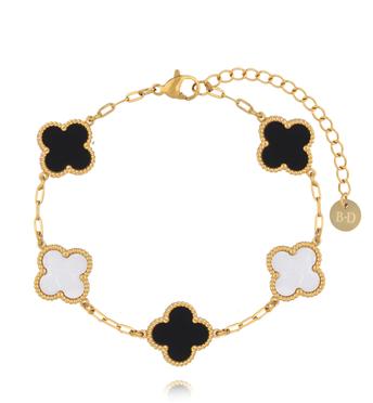 Bransoletka złota z koniczynkami z masy perłowej i czarnej emalii BSY0555